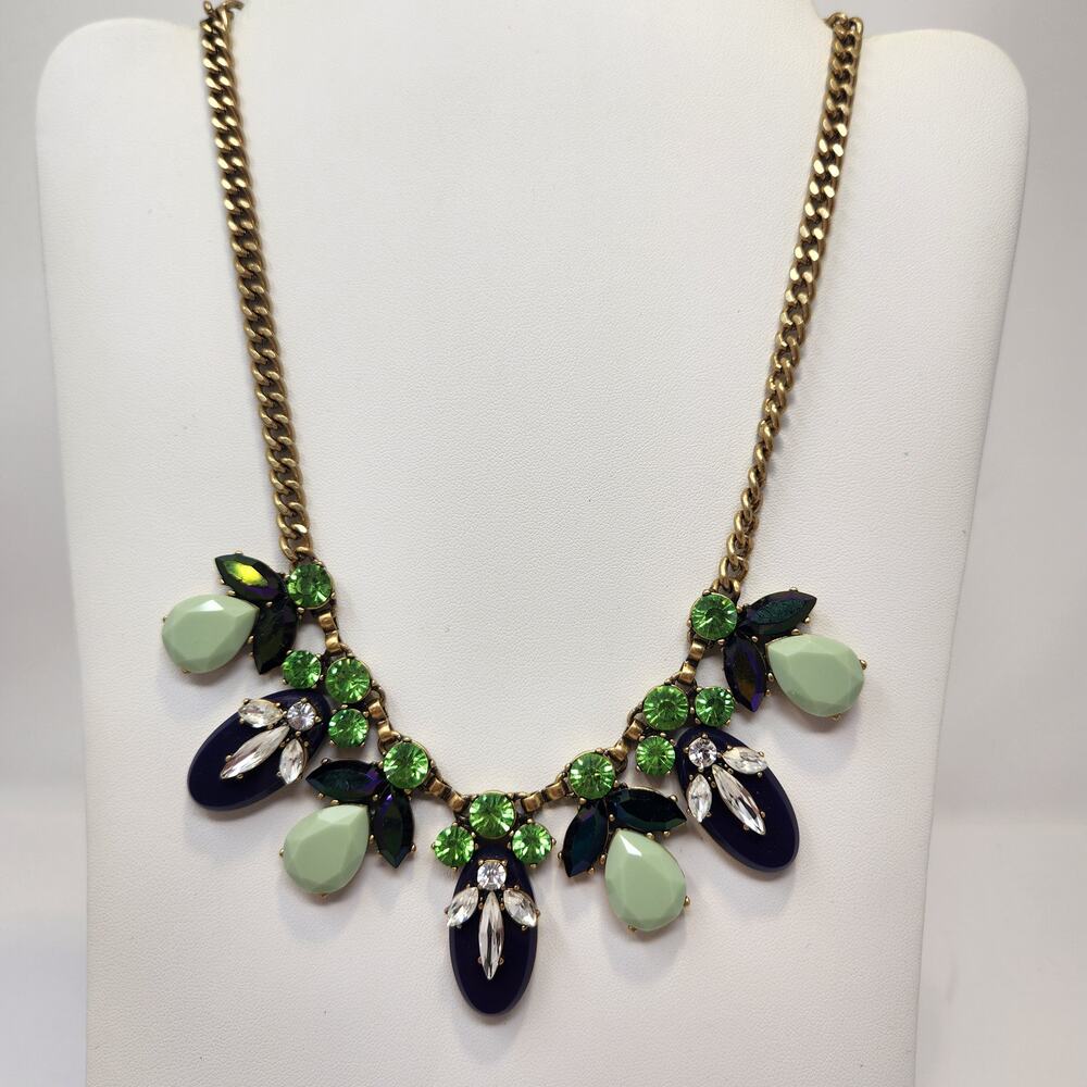 J Crew Blue Green Rhinestone Statement Necklace Gold Tone Chain Teardrop Oval